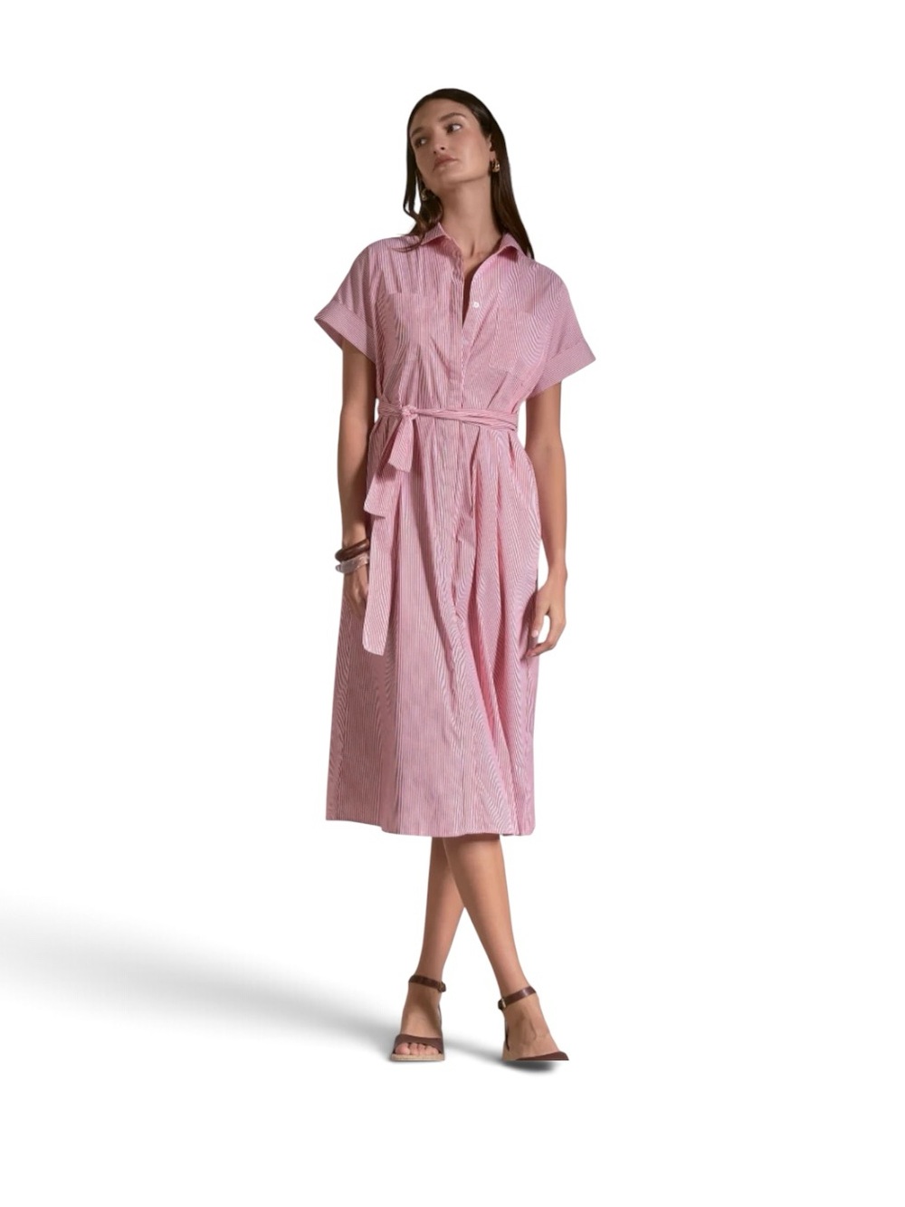 NWT, Retail $92, Elan Red Striped Midi Shirt Dress | Size Medium